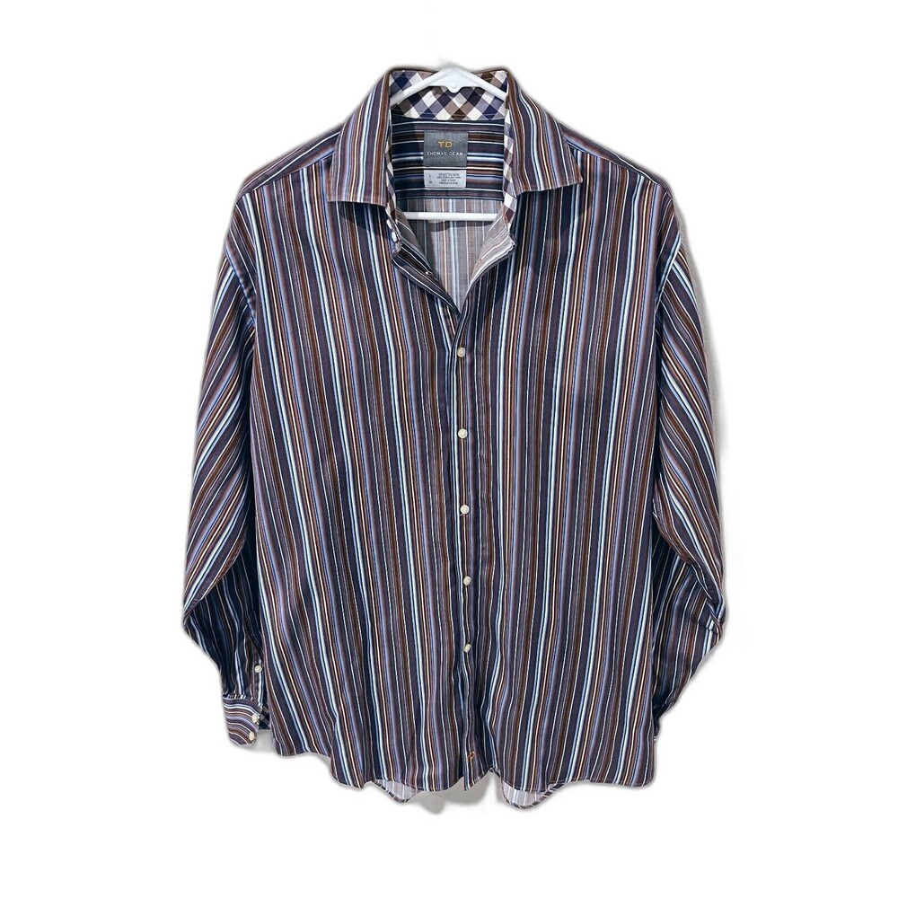 THOMAS DEAN Striped Paisley Men’s Long Staple Button Down Shirt - Men's L